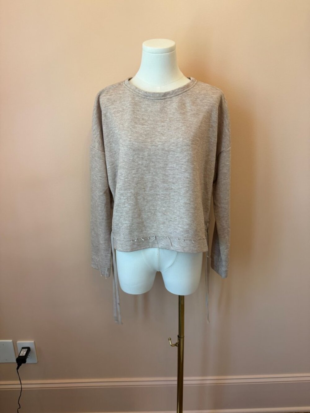 Gentle Fawn Beige Lace-Up Side Distressed Sweatshirt Pullover